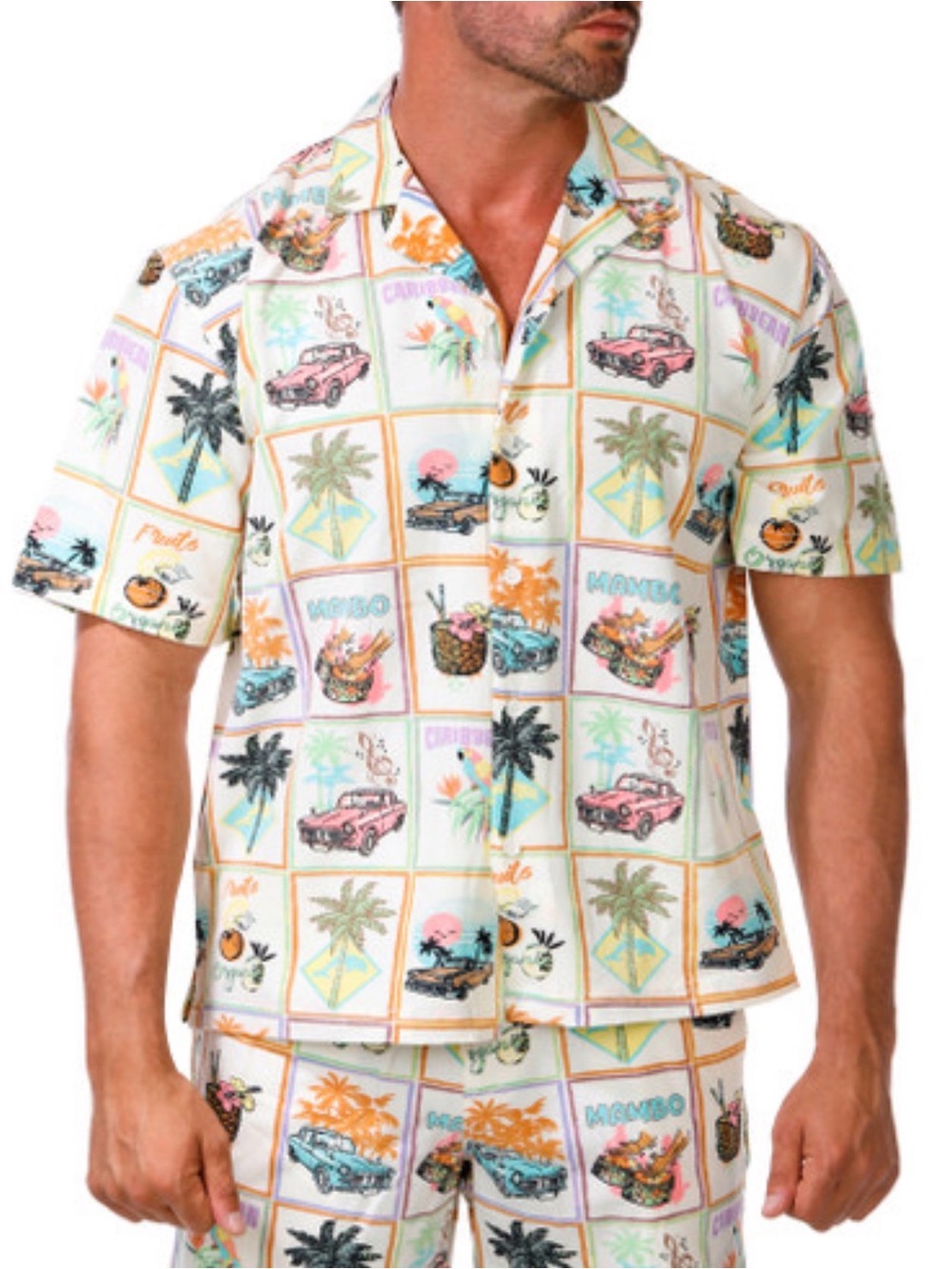 Malibu by Drill Men’s Large 2 Piece Shirt Shorts SET Tropical Surf Parrot Print